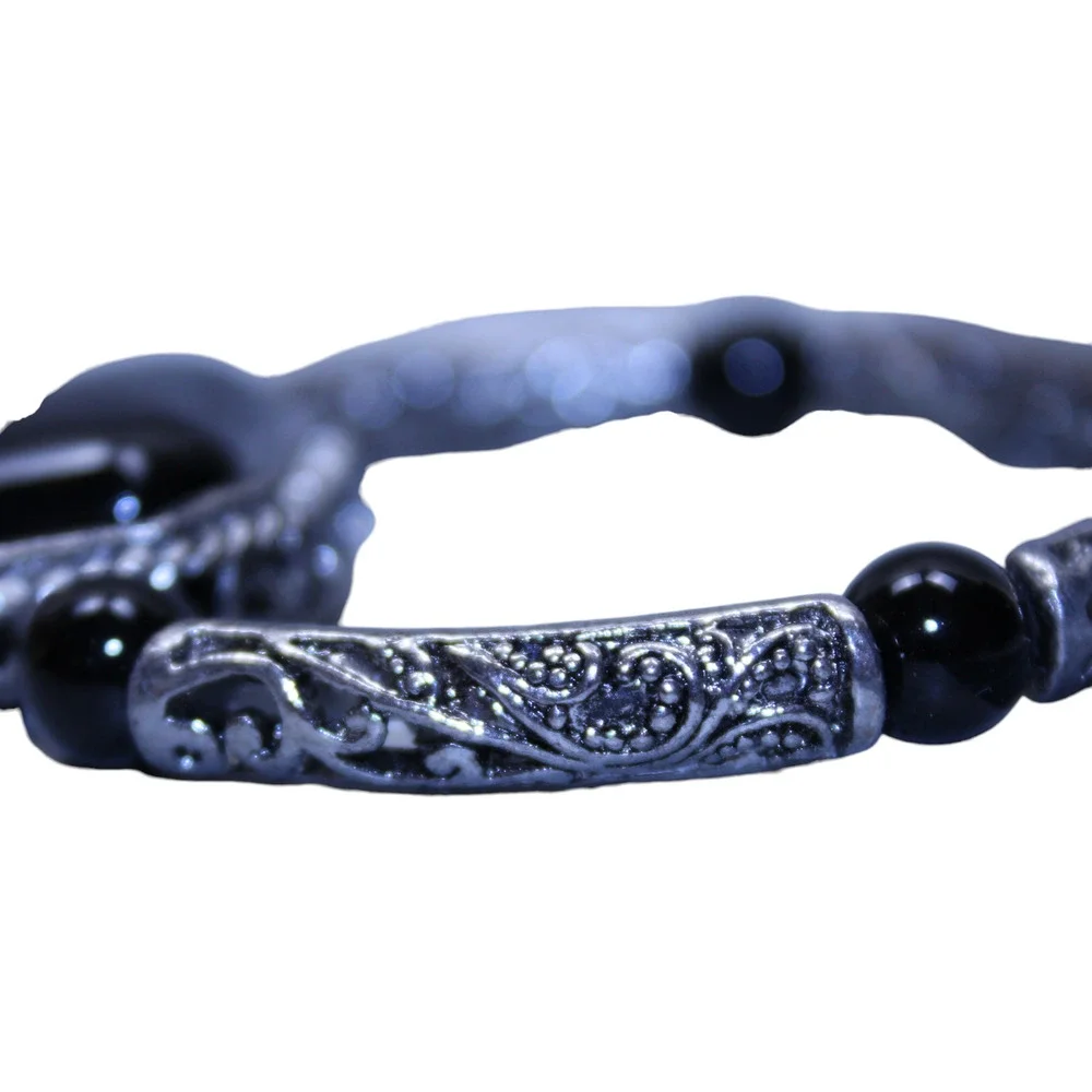 Stretch Bracelet Silver Tone Black Glass Cabochon Fashion Expansion